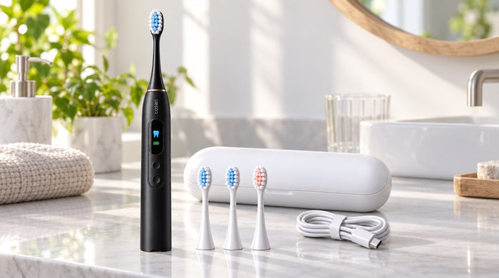 Pulse S1 brush head with soft bristles held over a bathroom sink