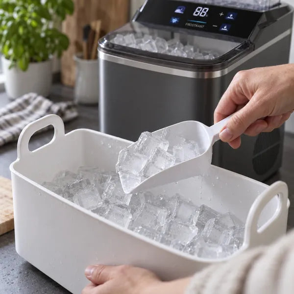Kantige, klare Eiswürfel in der Eisschaufel