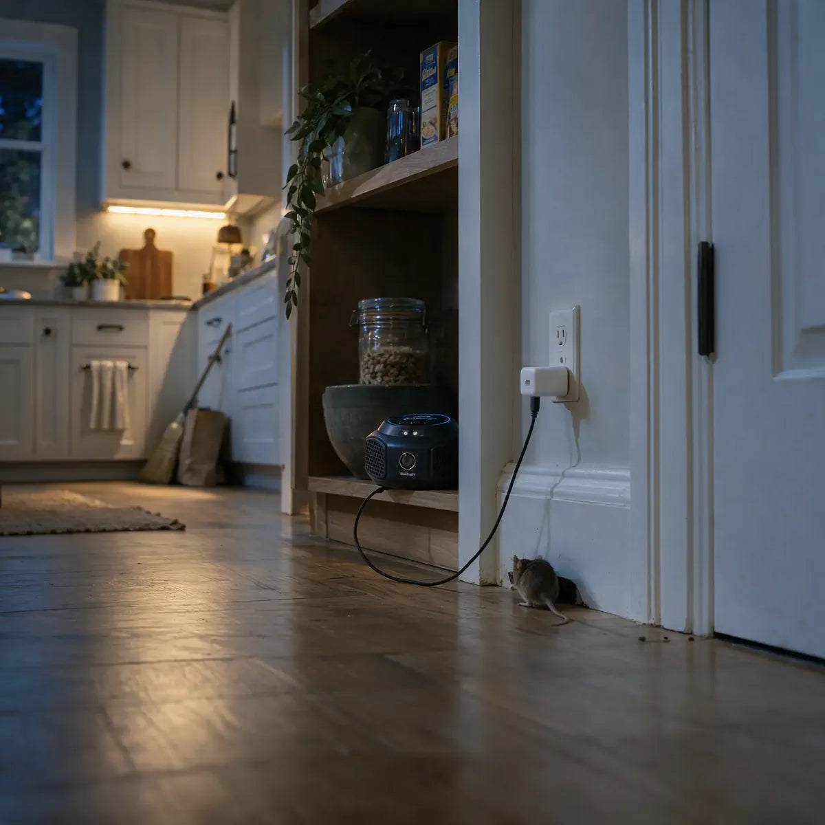 Dramatization: at night a mouse heads away from the lit Wallhush unit toward a gap at the bottom of the wall