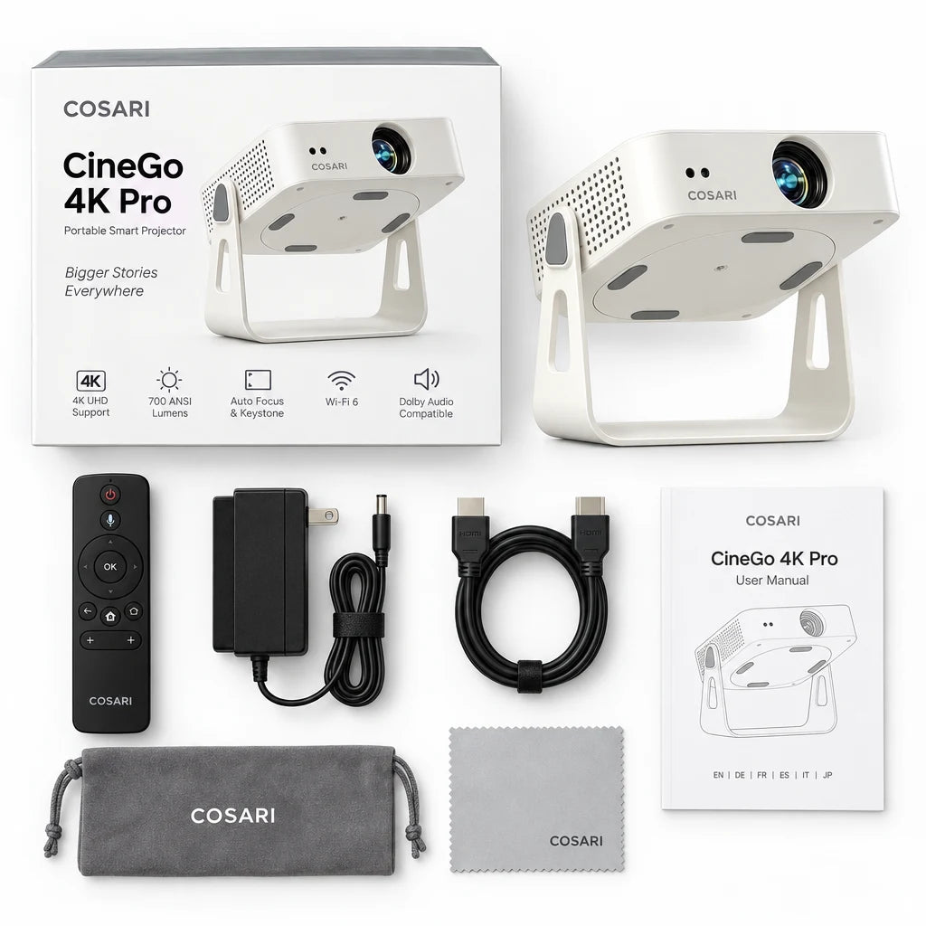 Cosari CineGo 4K Pro Portable Projector: 850 ANSI Lumens, 3-Hr Battery, Laser Auto-Focus & Free 100" Screen - 4