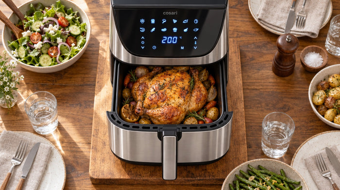 Roast chicken in the Crispa 8 basket on a family table