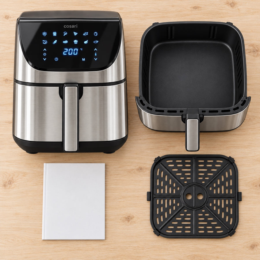 Everything in the Cosari Crispa 8 box: air fryer, nonstick basket, crisper plate and quick start guide