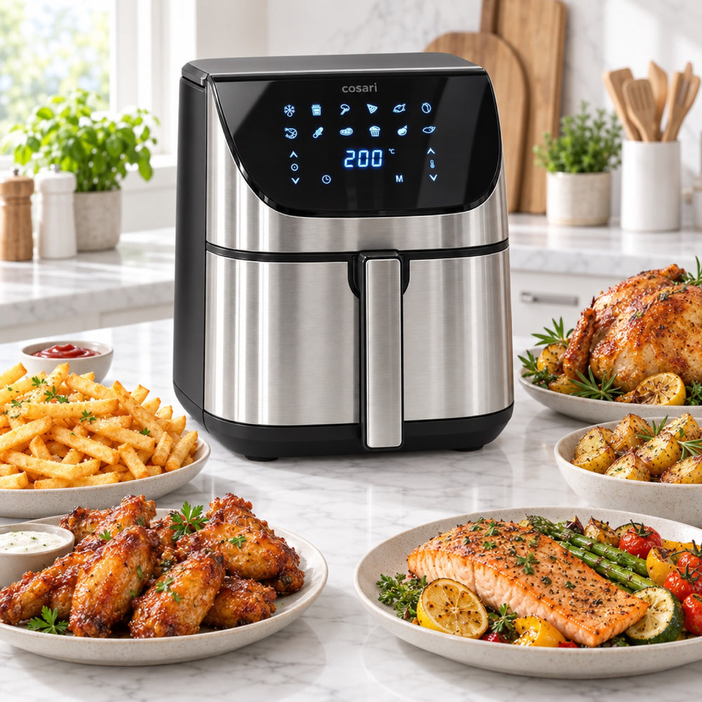 Cosari Crispa 8 air fryer with fries, wings, roast chicken, salmon and vegetables
