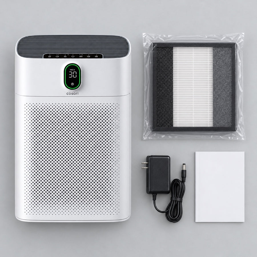 Everything in the Cosari ClearAir 300 box: air purifier, 3-stage filter in its bag, power adapter and manual