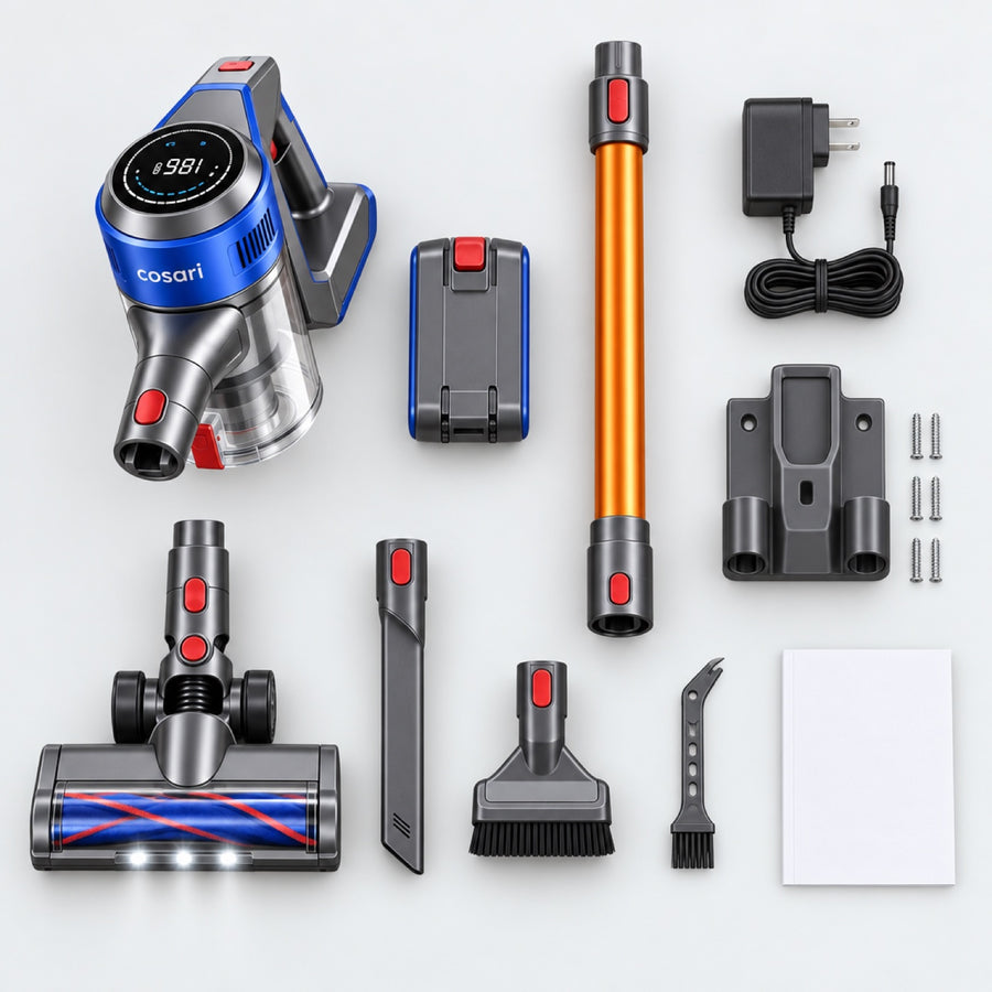 Everything in the Cosari Swift V7 box: motor body, battery, tube, floor head, tools, charger, wall mount, cleaning brush and manual
