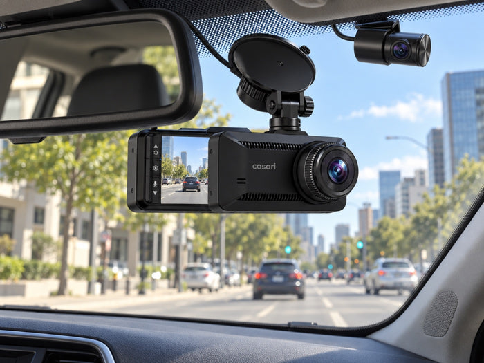 Vista D4 dash cam mounted behind the rear-view mirror recording a city street