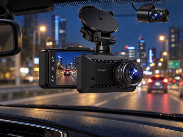 Night street seen through a windshield with the Vista D4 recording