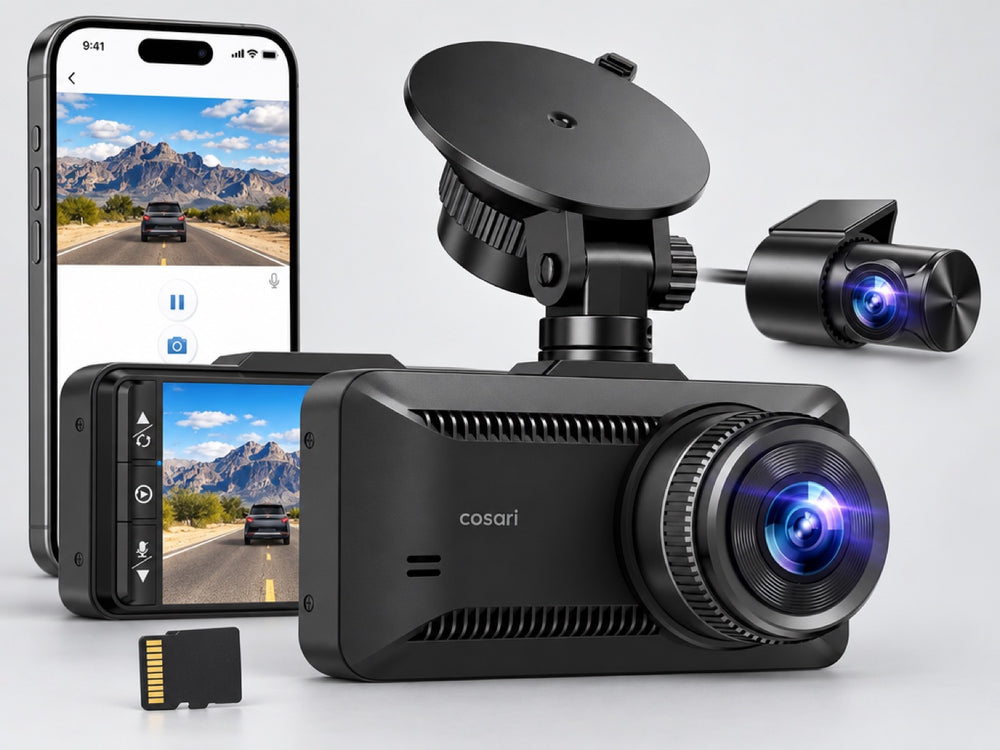 Cosari Vista D4 4K front dash cam with rear camera, suction mount and phone app