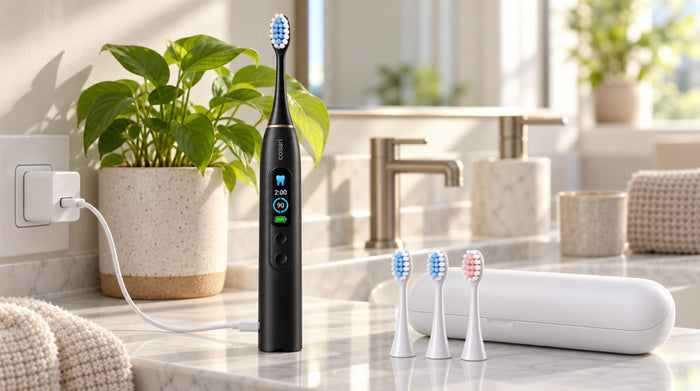 Pulse S1 color screen showing brushing time and battery level next to its travel case