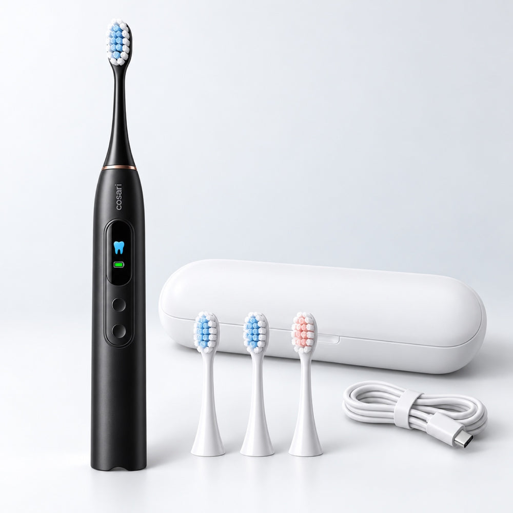 Cosari Pulse S1 sonic toothbrush in matte black with color screen, 3 spare brush heads, travel case and USB-C cable