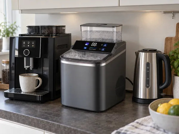 Der Frostkant Cube 16 neben Kaffeevollautomat und Wasserkocher unter den Hängeschränken