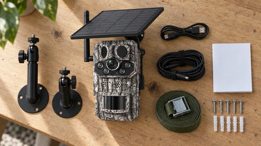 Lieferumfang der Revio 4G Solar auf einem Holztisch