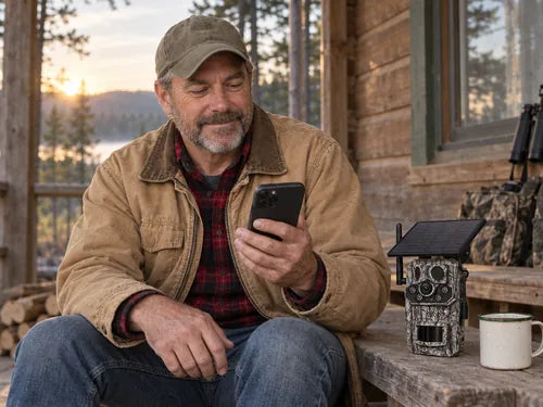 Hunter checking his phone on a cabin porch