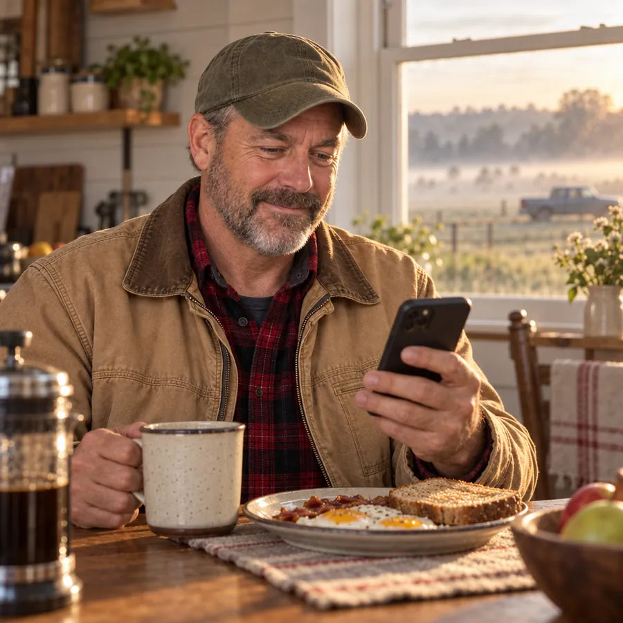 Man at a farmhouse breakfast table smiling at his phone