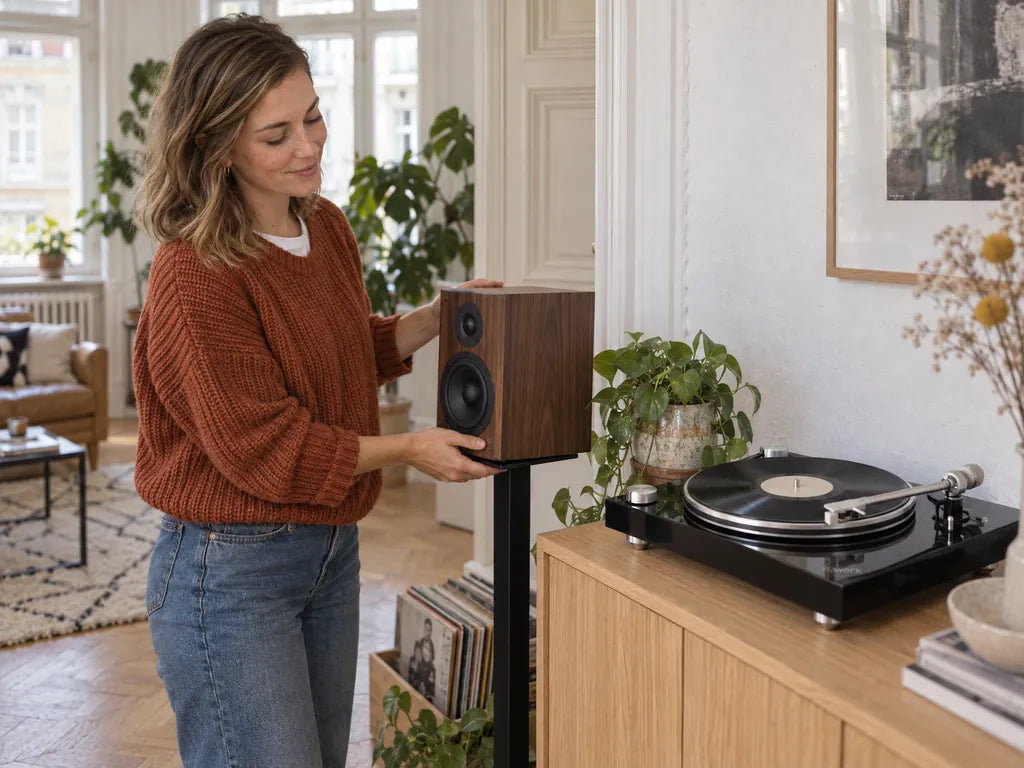 Eine Frau stellt eine Regalbox auf einen Lautsprecherständer neben dem Sideboard