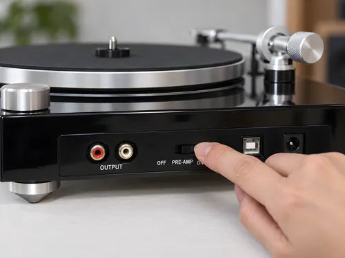 Rückseite mit Cinch, PRE-AMP-Schalter und USB