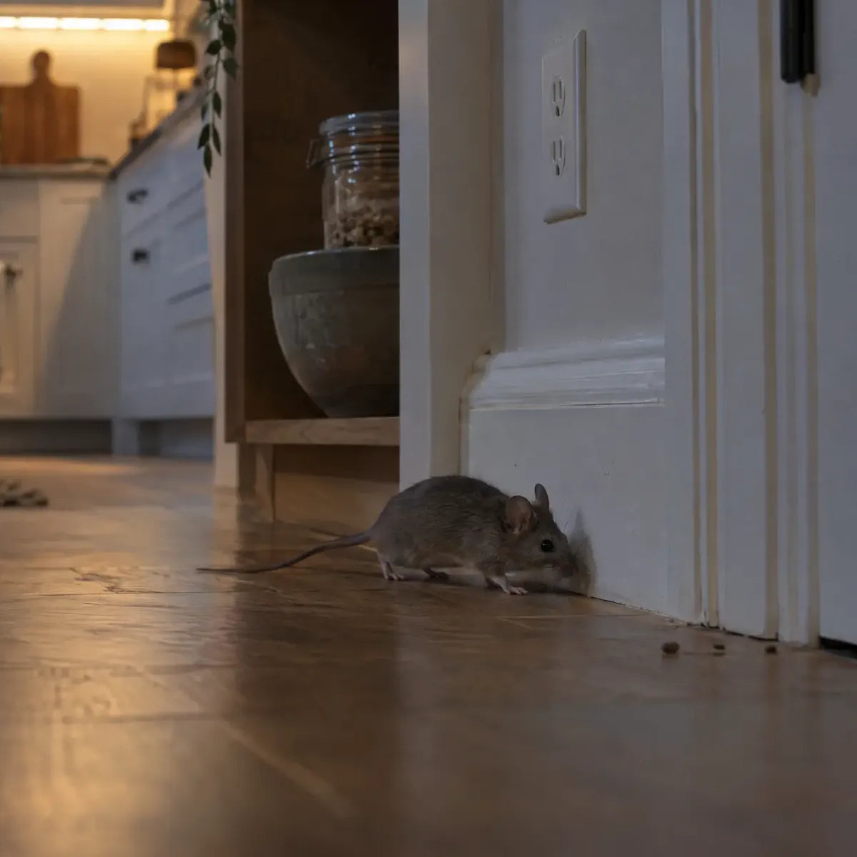 Dramatization: a house mouse running along the baseboard of a dark kitchen at night, droppings on the floor by the pantry