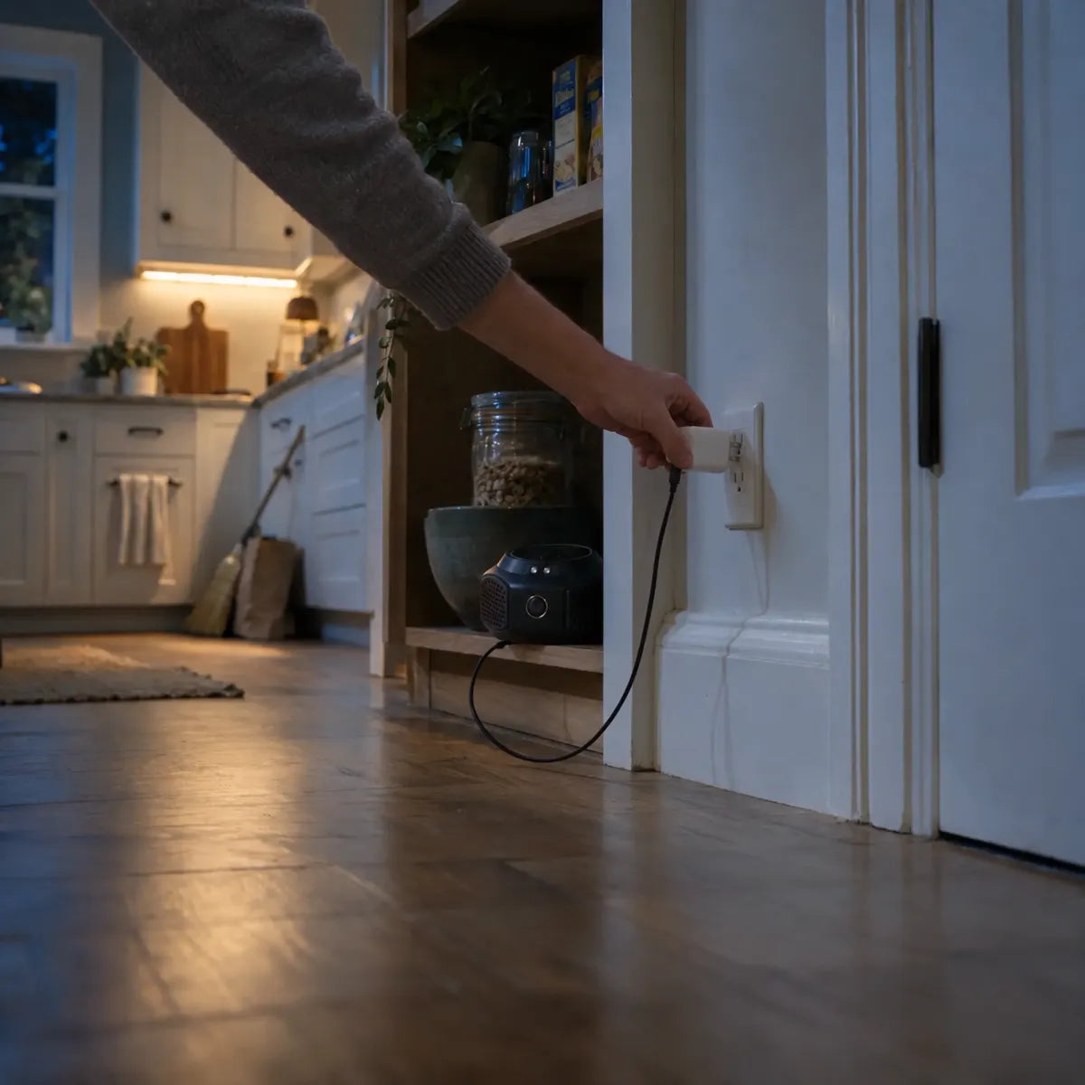 At night a hand plugs the white USB adapter into the wall outlet above the Wallhush unit on a low shelf